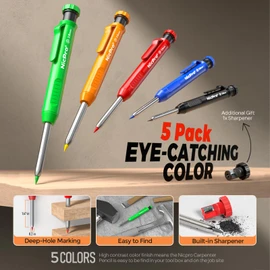 Nicpro 5 Pack Carpenter Pencil with Sharpener, Construction Mechanical Pencils with 48 Refills, Heavy Duty Marking Tool, Deep Hole Marker Pens for Architect Marking(Red, Black, Yellow, Blue, Orange)