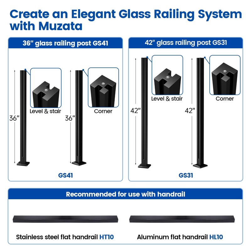 [Patent]Muzata 1Pack 36"x2"x2" Black Glass Railing Post for Level or