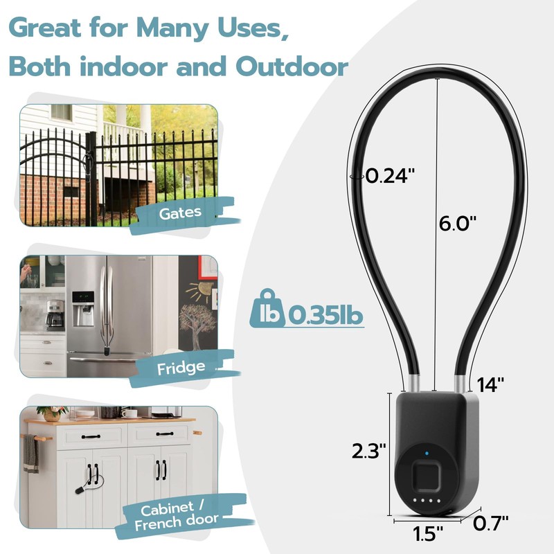 Dhiedas Fingerprint Cable Lock, Fridge Locks with Fingerprint Bluetooth APP