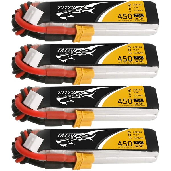 Tattu 4 Packs 450mAh 7.4V 75C 2S LiPo Battery Pack