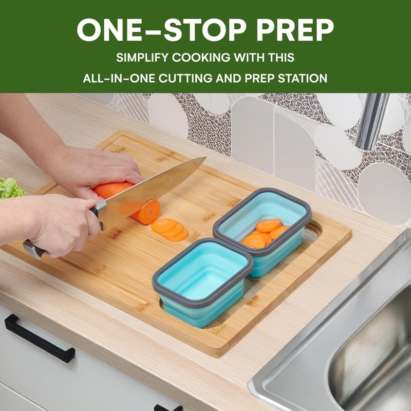 Happylivery Bamboo Cutting Board - Includes 2 Collapsible Containers -