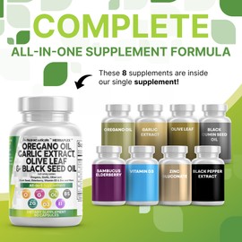 Clean Nutraceuticals Oregano Oil Garlic Extract Olive Leaf Black Seed Oil- Immune Support & Digestive Health Supplement for Women and Men with Vitamin D3 & Zinc - 5Pack