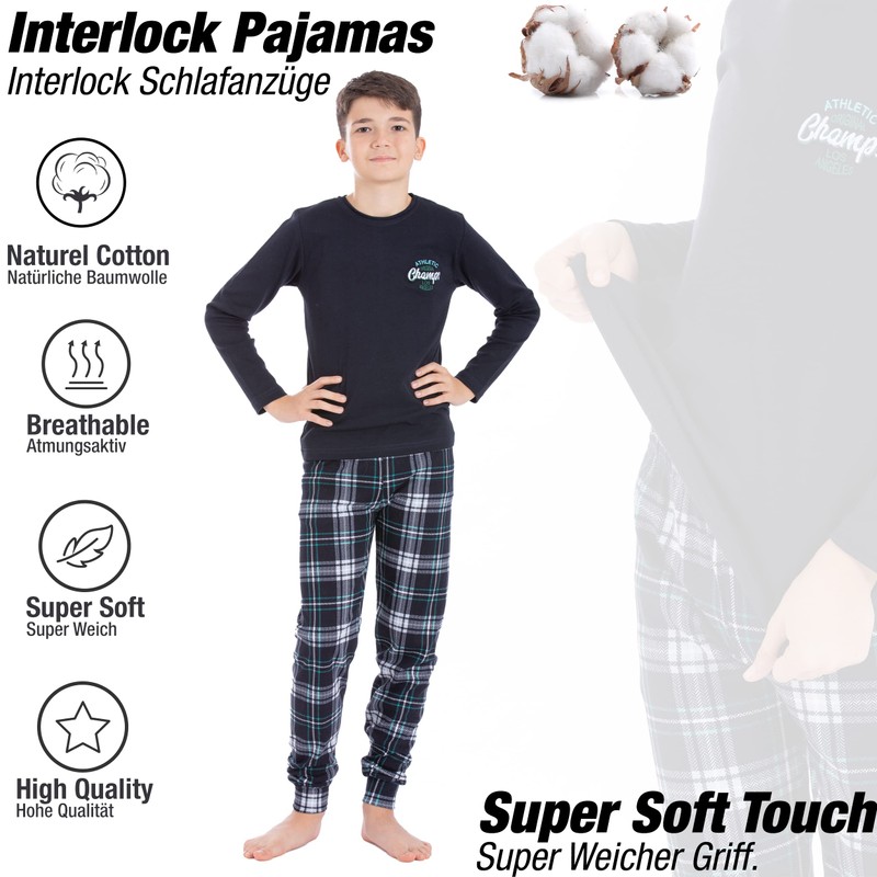 LOREZA ® Boys' Pyjamas Long Sleeve 100% Cotton Interlock Checked