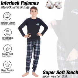 LOREZA ® Boys' Pyjamas Long Sleeve 100% Cotton Interlock Checked Warm, model 1
