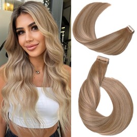 YDDM Tape-In Real Hair Extensions, 20 Pieces, 50 cm, 50 g, Light Brown with Golden Blonde, Invisible Tape Extensions, Real Hair Skin Weft Hair Extensions (20 Inches, 10/10/22)