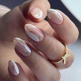 ANDGING Short Almond Press on Nails White Fake Nails with Glue Acrylic Classy Glue on Nails with Designs Curved Gel Manicure False Nail for Women Girls Fantasy Stick ons Nails for Wedding Birthday