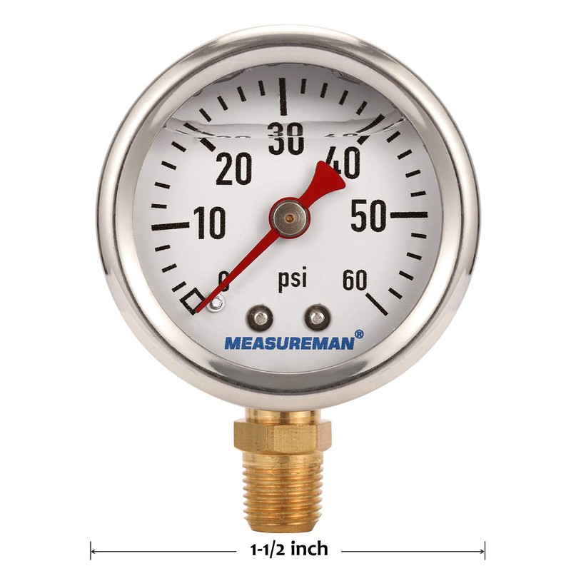 MEASUREMAN 1-1/2" Dial Size, Glycerin Filled Fuel Pressure Gauge, 304