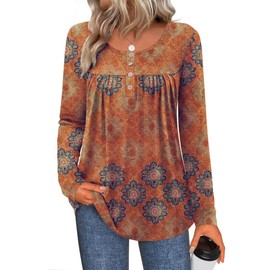 Zeagoo Women's Long Sleeve Fall Shirts Loose Casual Flowy Pleated Tunic Tops Floral Print Teacher Outfits X-Large