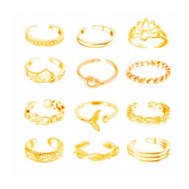 12Pcs Toe Rings for Women Non Tarnish Gold Plated Toe Rings Waterproof Open Adjustable Stacking Rings Boho Fish Tail Star Flower Wave Lotus Rings Beach Foot Jewelry Set for Teen Girls