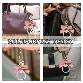 Pearl Keychains Wristlet with Pink Bow for Girls Women Cute Keychains for Backpacks Purse Bag Aesthetic Bowknot Accessories Charms for Handbags Pink Pearl Chain Bow Keychain for Car Keys