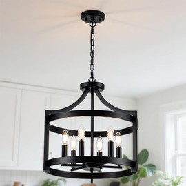 LEIP 6-Lights Black Farmhouse Chandelier, Convertible Semi Flush Mount Ceiling Light Fixture, Modern Industrial Chandelier Hanging Light Rustic Round Cage for Dining Room Kitchen Foyer Entryway