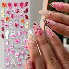 Flower Nail Stickers for Nail Art - 5D Flowers Nail Art Stickers Summer Ocean Flower ice Hibiscus Embossed Nail Decals Self-Adhesive Nails Supply Manicure Sliders Floral Sticker for Nails Decoration