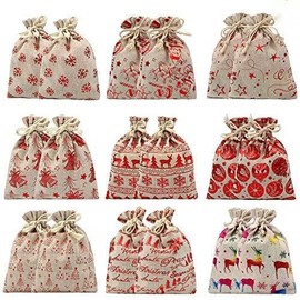 TOOSII 18 PCS Christmas Jute Bags Christmas Burlap Gift Bags Pouches 9 Patterns Line Jute Drawstring Gift Bag Christmas Burlap Pouches Candy Bags with Drawstring