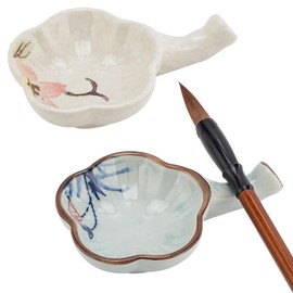 PH PandaHall 2 Styles Porcelain Ink Dish Flower Shape Ink Plates Multifunction Brush Rest Holder Calligraphy Supplies for Chinese Japanese Calligraphy Painting