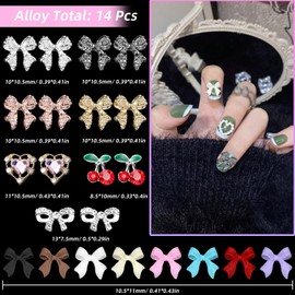 3D Bows Nail Charms Gems, Heart Cherry Bowknot Alloy Nail Gems, Pink Color White Red Black Pearls Nail Bow Charms for Acrylic Nails, Bowknot Nail Jewelry Charms for Nails Art Decoration DIY