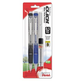 Pentel Twist Erase CLICK Automatic Pencil with 2 Eraser Refills and Lead, 0.5mm, Assorted Barrels, Color May Vary, 2 Pack (PD275TLEBP2)