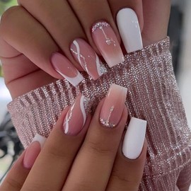 Long Press on Nails Coffin Shape Fake Nails Square False Nails with Designs Rhinestone Silver Glitter Glue on Nails White Full Cover Acrylic Glossy Stick on Nails Pink Artificial Nails for Women 24Pcs