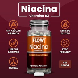 Flow Supplements | Niacina - Vitamina B3 500 mg - 90 Cápsulas - Suplemento Alimenticio para 3 meses - Aporte Diario de Vitamina B3 - Sin Azúcar ni Gluten