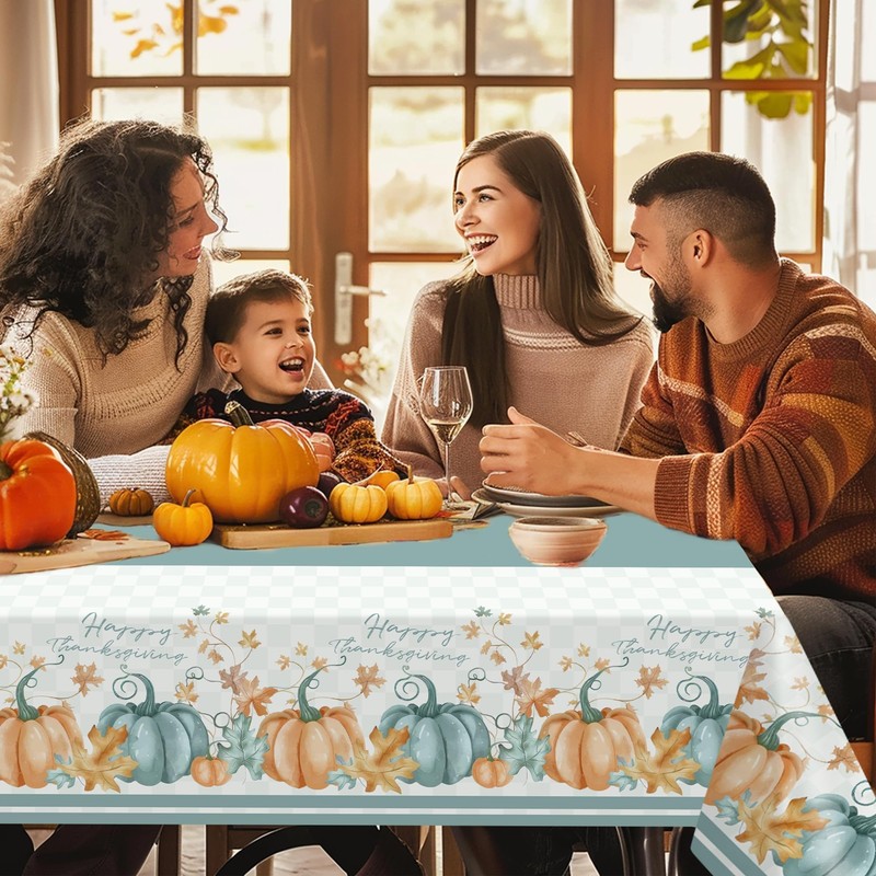 Thanksgiving Disposable Tablecloths,2 Pack Blue Pumpkin Maple Thanksgiving Plastic Table