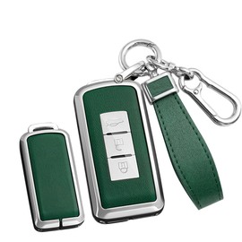 TECART for Mitsubishi Metal Frame Key Fob Cover with Keychain Leather Key Protector Fit For Outlander Lancer 2/3 Buttons, Silver Metal Frame-long-green