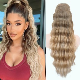 NOSTALGIA Ombre Blonde Ponytail Extension 26”Long Curly Wavy Drawstring Ponytail Extension Synthetic Ponytail Hairpiece for Women Daily Use
