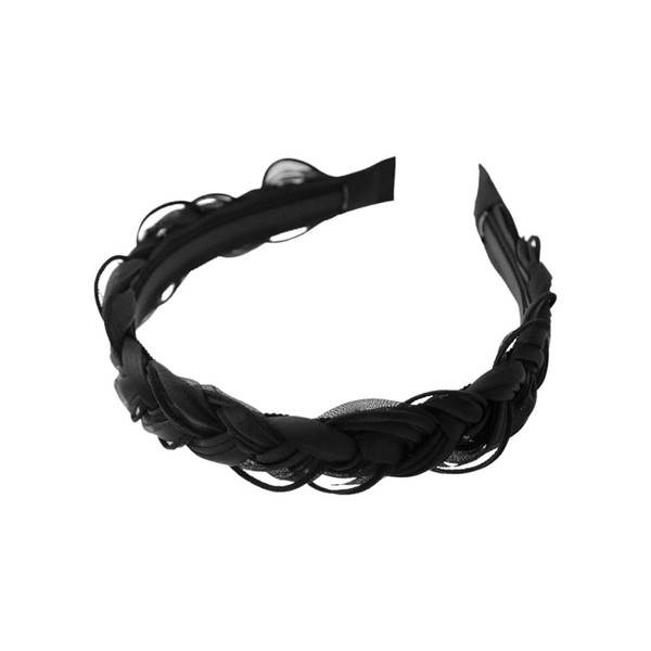 VINGTAINE HK-355-BK- Braided Headband with Different Materials, Twist Braid, Chiffon