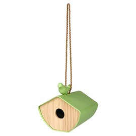 moses. Leaf & Flower Bird House, Small House for Hanging on the Balcony, Patio or in the Garden, Hanging Bird House Made of Wood and Bamboo, Wood & Green