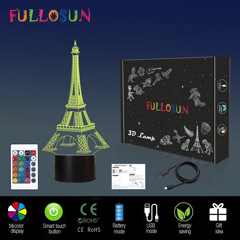 FULLOSUN Eiffel Tower Nightlight 3D Illusion Lamp Visual Bedroom Decoration