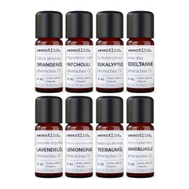 Essential Oils Set No. 1 (Basic Fragrances) of wesentlich. Lavender, Tea Tree, Lemongrass, Noble Fir, Eucalyptus, Patchouli, Sandalwood and Orange - 100% Natural