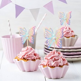 HOKPA Cupcake-Topper, 24 Stück, zusammengebaut, doppellagig, 3D-Schmetterling, Cocktail-Picks, Dekorationen für Babyparty, Kindergeburtstag, Party, Hochzeit, Partyzubehör