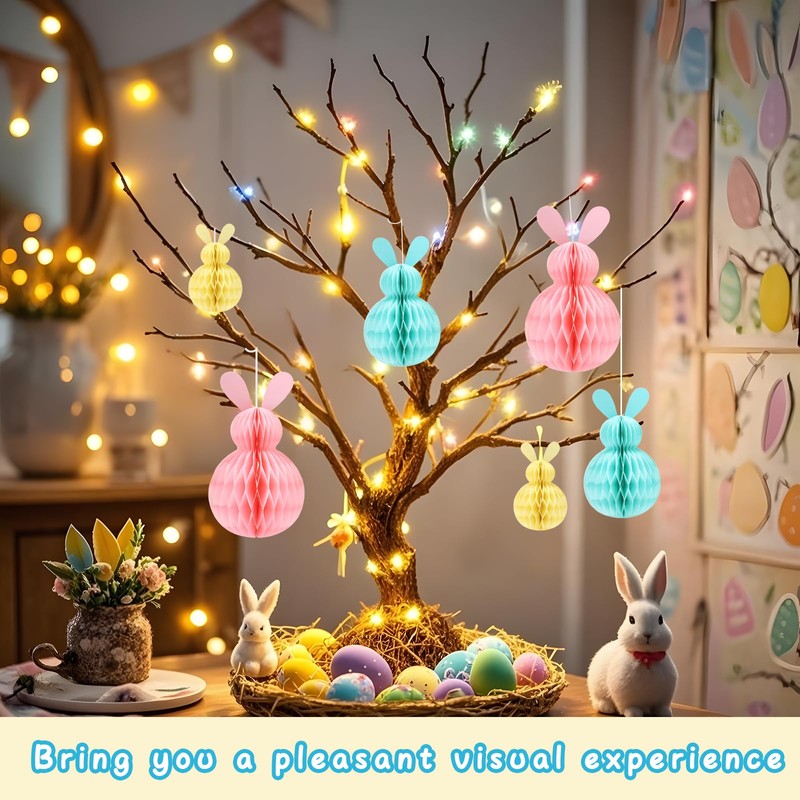 QILUCKY 6 PCS Easter Hanging Decorations,Easter Bunny Decorations,Rabbit Honeycomb Paper