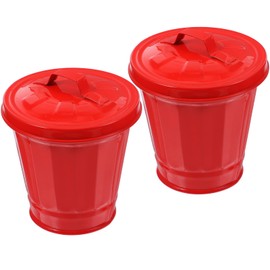 Operitacx Pack of 2 Galvanised Dustbin with Lid, Mini Waste Paper Basket, Small Metal Buckets with Lid, Mini Table Waste Bin, Mini Rubbish Bin, Metal Flower Pot, Pen Holder, Red