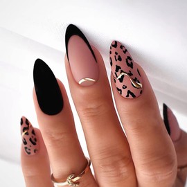 French Tip Press on Nails Medium Length Fake Nails Full Cover Almond Shaped False Nails with Designs Matte Black Nail Tips Glue on Nails Gold Foil Leopard Acrylic Nails for Women Girls Manicure