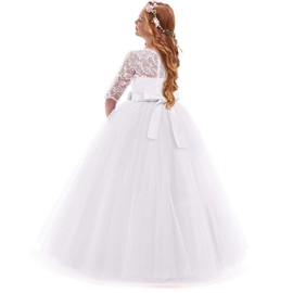 IBTOM CASTLE Girls Flower Vintage Floral Lace 3/4 Sleeves Floor Length Dress Wedding Party Evening Formal Pegeant Dance Gown White 9-10 Years