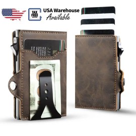 Casekey US Warehouse Fashion Carbon Fiber Leather Pop up Mechanism Wallet RFID Safe Metal Credit Card Holder with Cash Clipcolor: Dark Brown