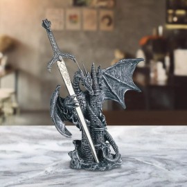 5"H Medieval Dragon with Sword Statue Fantasy Figurine Room Decor