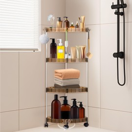 Toptime 4 Tier Floor Standing Corner Shower Caddy, Bathroom Organizer Shelf with 10 Hooks and Wheels, Rustproof Bathroom Standing Rack Large Capacity Plastic Corner Shelf for Bathtub Kitchen