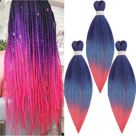 Ombre Purple Pink Braiding Hair Pre Stretched 26 Inch 3 Packs Straight Blue Braids Hair Extensions for Women Yaki Texture Braid Synthetic Braiding Hair Extension Soft Easy to Braid