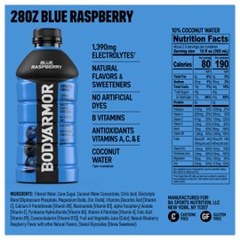 BODYARMOR Sports Drink Sports Beverage, Blue Raspberry, Coconut Water Hydration, Natural Flavors With Vitamins, Potassium-Packed Electrolytes, Perfect For Athletes, 28 Fl Oz (Pack of 15)