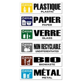 GamesMonkey® - Recycling Waste Recycling Stickers - FR - v1 - Washable Raincoats Illustrated - French English - Glossy Vinyl DH (20x6cm, 6 Pieces)