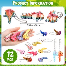 Honoson 12 Pcs 3D Printed Axolotl Keychains Bulk 3D Printed Small Animal Keychains Flexible Cute Articulating Pet Stress Relief for Play and Display