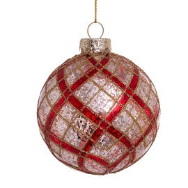 80MM Silver with Gold and Red Plaid Glass Ball Ornaments, 6-Piece Set