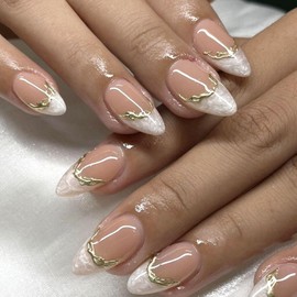White French Tip Press on Nails Short Almond Fake Nails with Gold Swirl Design Glue on Nails Nude Full Cover Nails Press ons Glossy False Nails Artificial Stick on Nails for Women 24Pcs