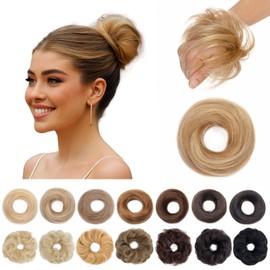 SEGOHAIR Hair Bun 100% Human Hair Natural Stright Messy Bun Hair Piece with Elastic Scrunchie for Women & Girls- 2 PCS Golden Brown Mix Bleach Blonde