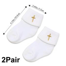 YcsRnn 2 Pairs Newborn Socks, Baby Socks with Grips - Unique Baby Shower or Newborn Gift - White Turn Cuff Christening Cotton Sock With Cross Embroidery for Boys Girls (0-12 Months)