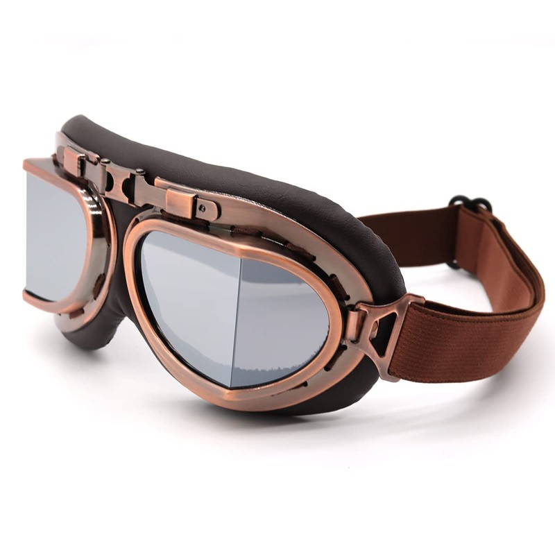 kucehiup Vintage Aviator Goggles Motorcycle Goggles (Copper frame Silver lenses)