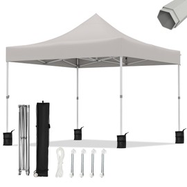 10x10ft Pop Up Canopy - Beach Tent with Easy Set-up, Portable Outdoor Canopy Instant Tent, Commercial Shade Canopy with Wheeled Carry Bag, Thickened Fabric, Hexagonal Steel, 3 Height Adjustable, Gray