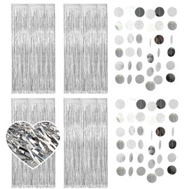 RAFIYU Pack of 6 Tinsel Curtain Glitter, Silver Glitter Curtain Party Decoration, Foil Fringe Streamers Decoration for Birthday, Baby Shower, Wedding, New Year, Disco, with 2 Hanging Paper Garland
