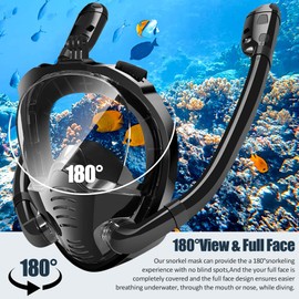 KLERICER Double Tubes Full Face Snorkel Mask,New Breathing Mode 180° Panoramic Anti-Fog Diving Mask Free Breathing,Dry Top System Snorkeling Mask for Adults Teenagers (Black, Small-Medium)