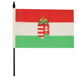 AZ FLAG HUNGARY COAT OF ARMS TABLE FLAG 5'' x 8'' - HUNGARIAN DESK FLAG 21 x 14 cm - Black plastic stick and base